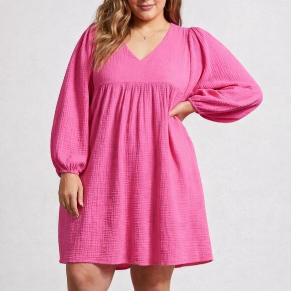Tribal Dresses & Skirts - Tribal Jeans Hot Pink Cotton Gauze Dress XXL Plus Size Puff Sleeve Barbiecore